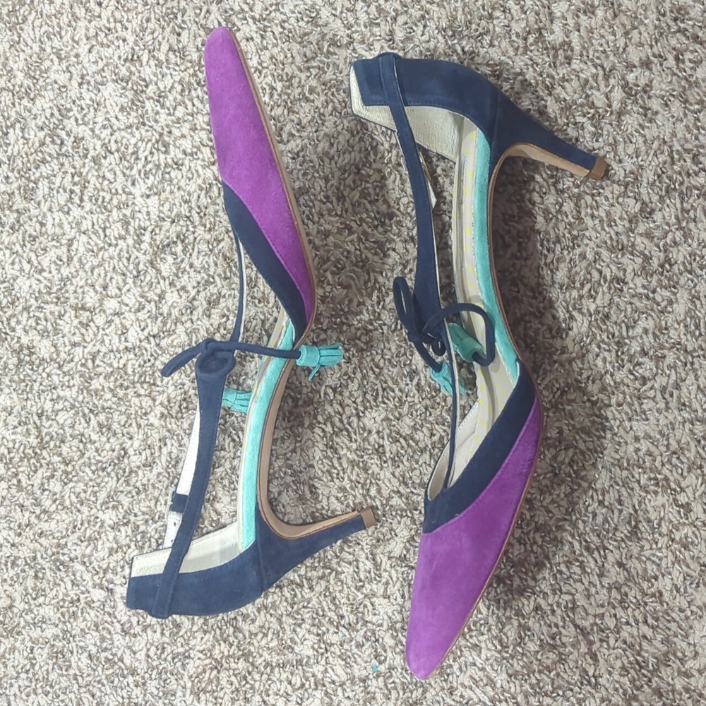 Boden Alice Suede T-strap Tassles High Heels Navy Blue Purple Size 42 Never Worn - Picture 5 of 11